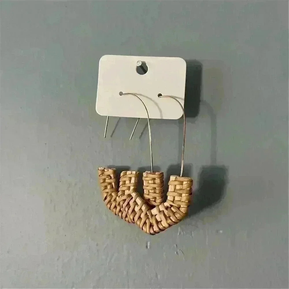 Geometric Beige Rattan Weave Long Hoop Dangle Lightweight Earrings B1G1